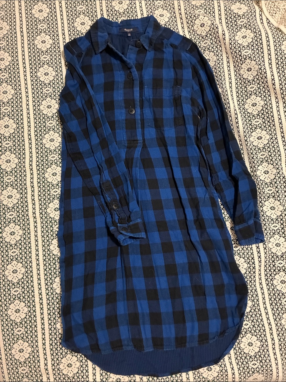 Madewell Blue and Black Buffalo Check Plaid Flannel Shirt Dress Popover Collar